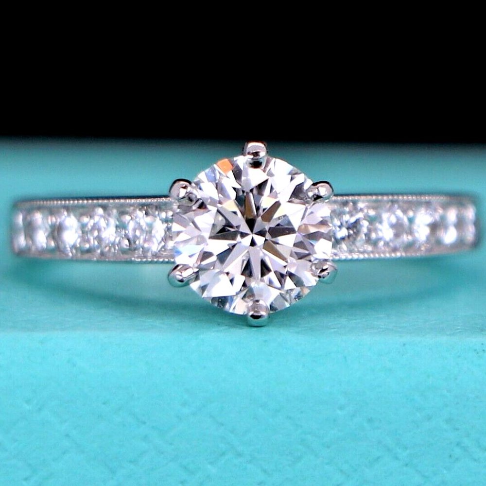 19386 Tiffany & Co. G VVS1 Round Diamond 0.98ct Platinum Engagement Ring 4.75